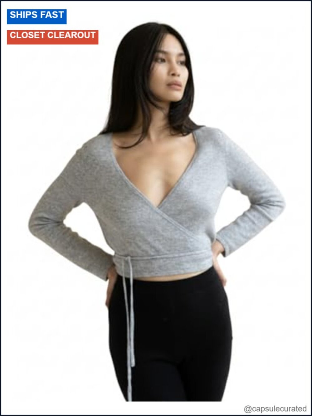 100% Cashmere Wrap Top with Tie Front V Neck Ballet Sweater 12 Gauge Fine Knit